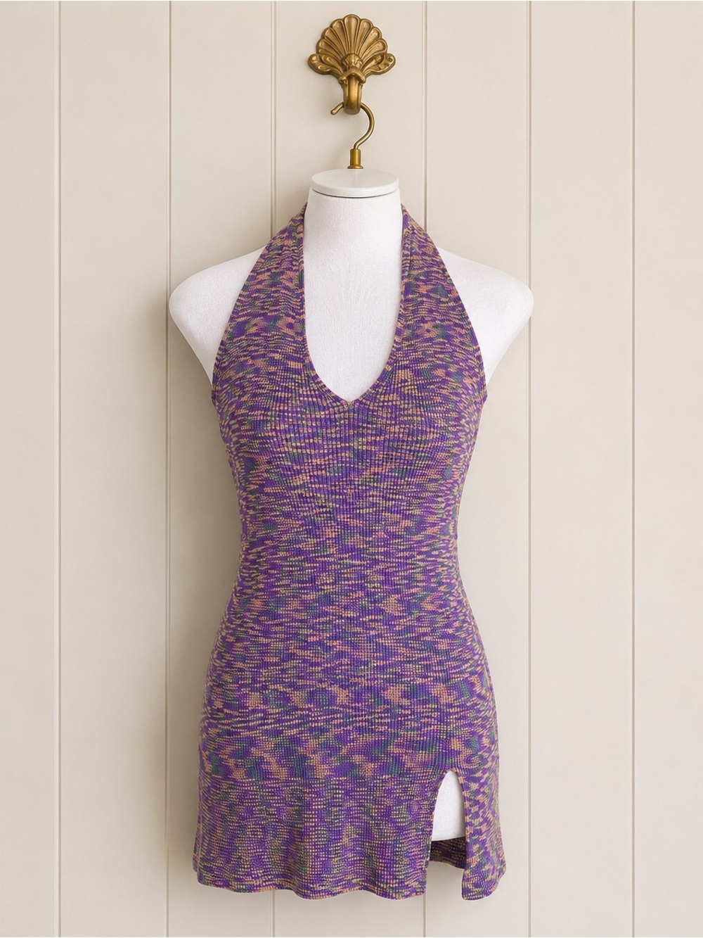 Brooklyn Karma purple green tan ribbed halter tunic top S